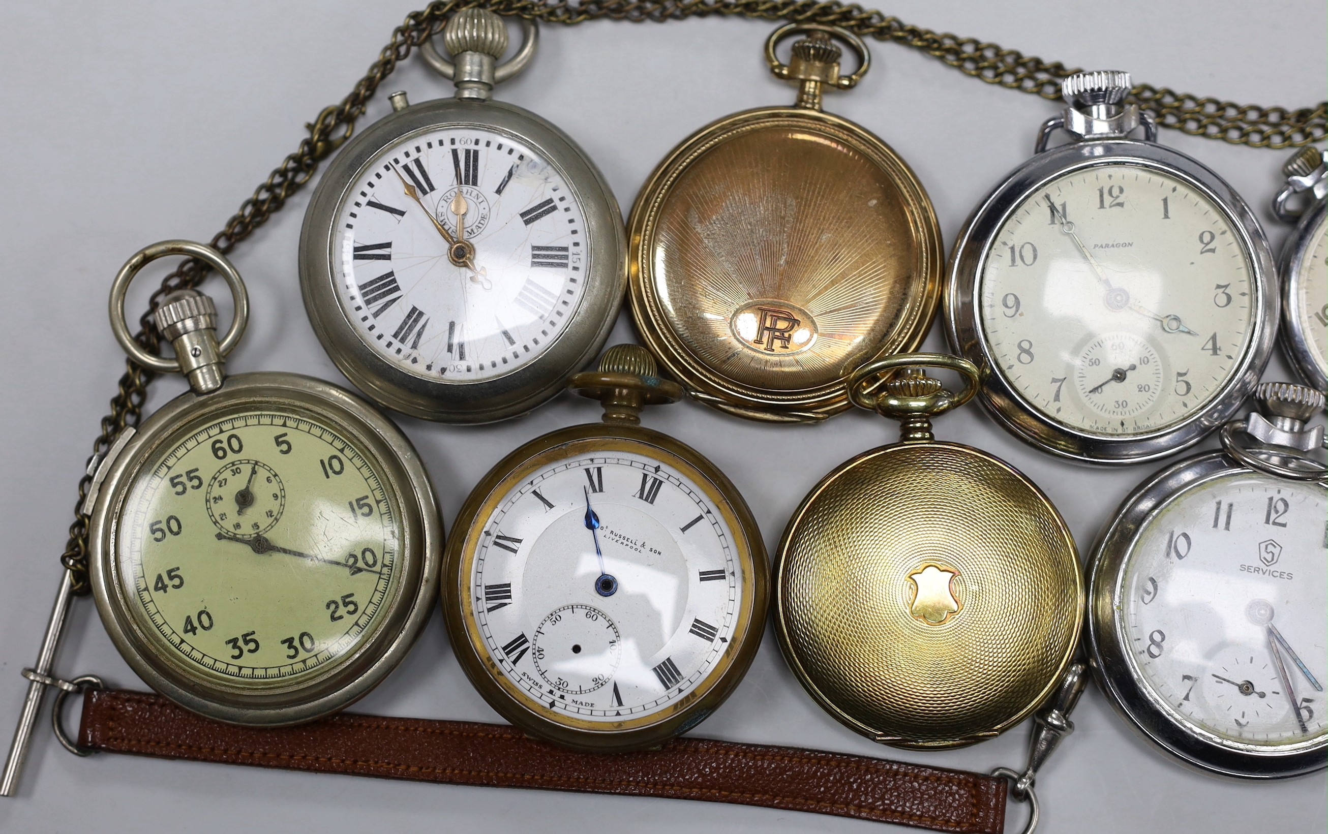 Eighteen assorted base metal pocket watches, including Ingersoll, Lanco and Paragon, some a.f. and a small quantity of assorted watch keys.